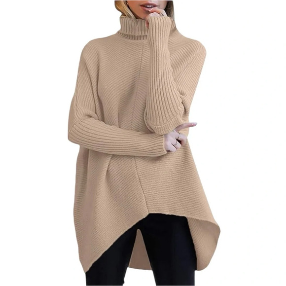 Womens Oversized Turtleneck Batwing Long Sleeve Casual Cozy Baggy Knit Pullover - Picture 2 of 5